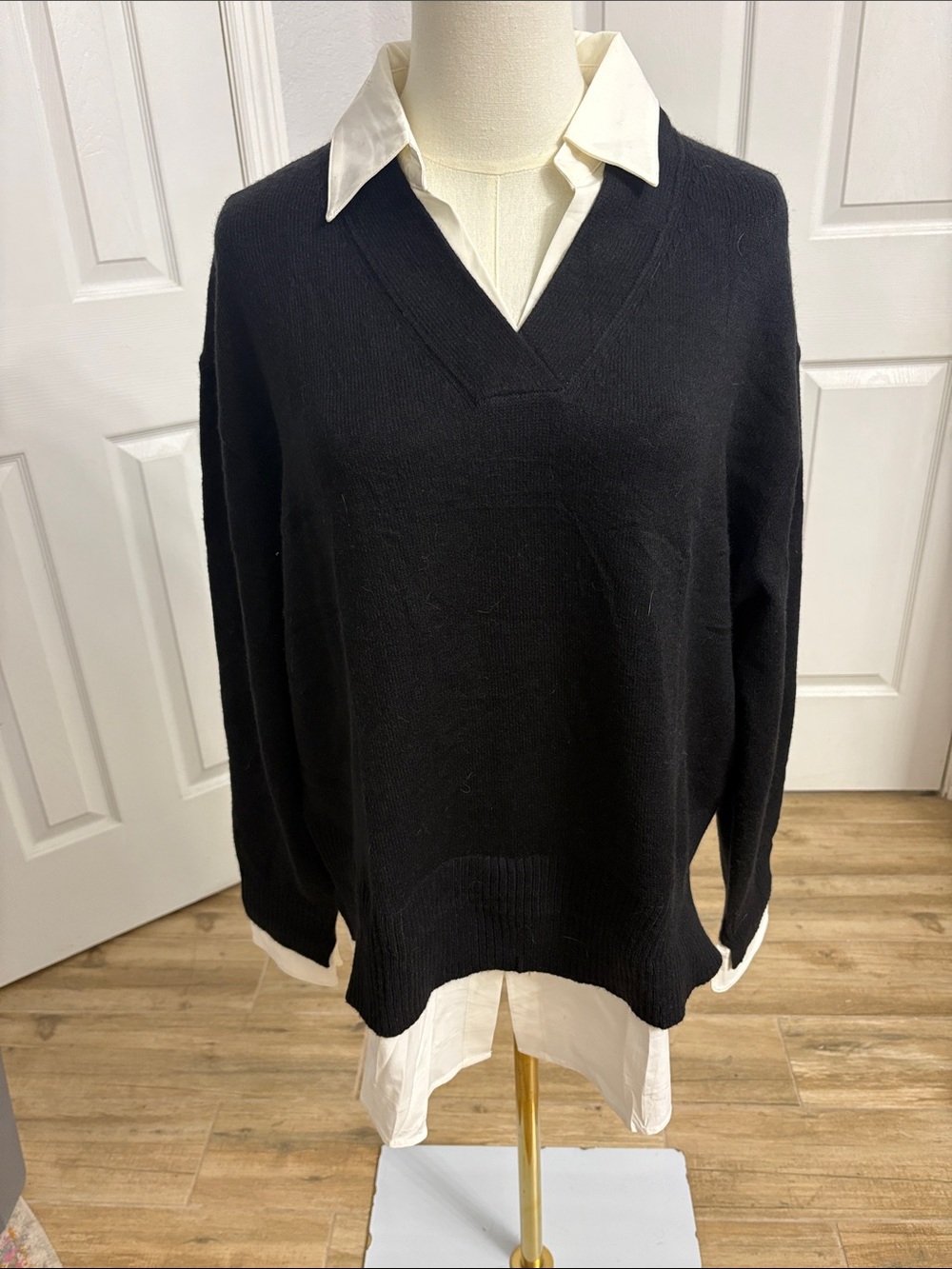 Black V-Neck Sweater Layered Over White Shirt